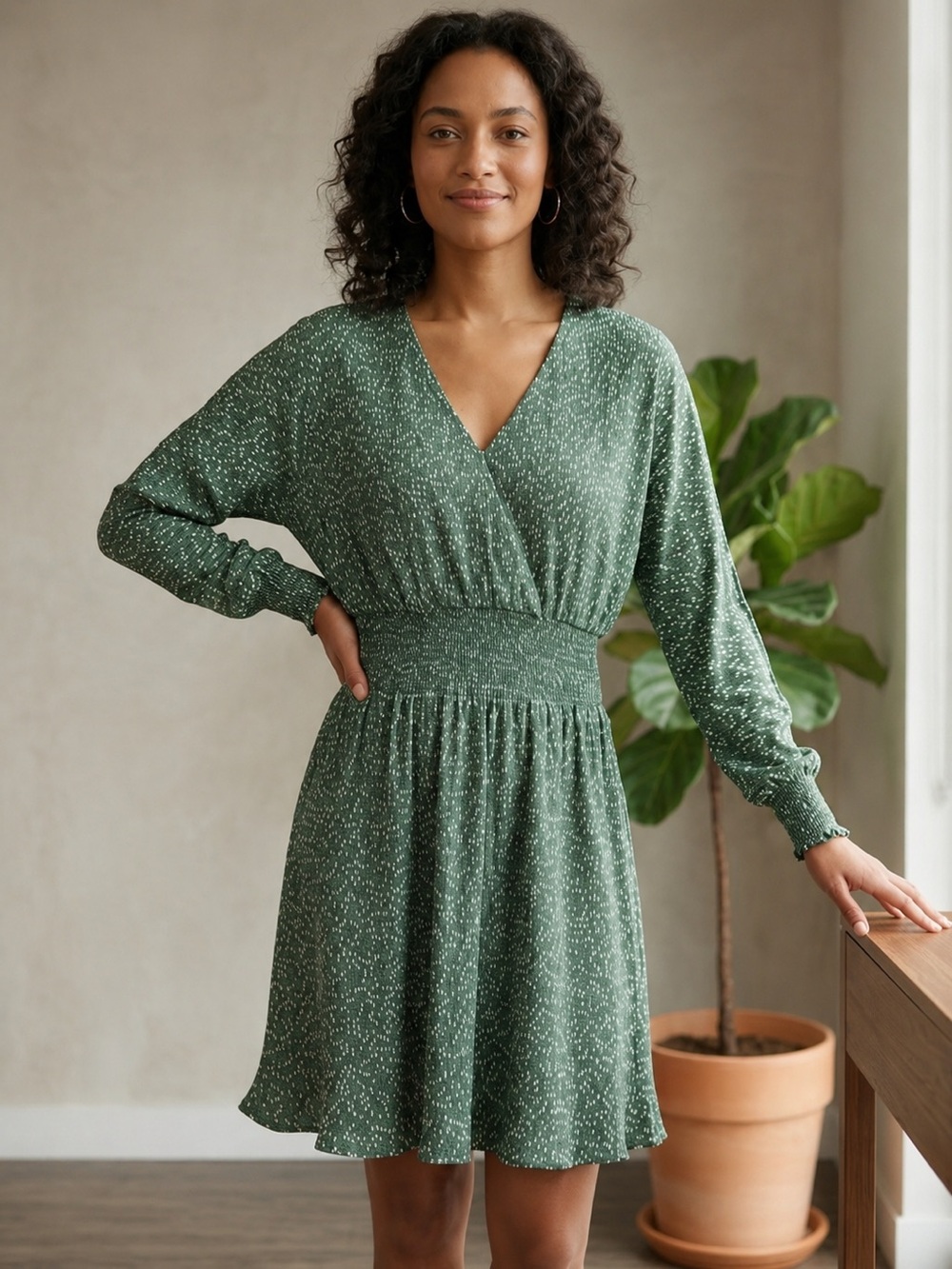 RW&CO. Green V-Neck Smocked-Waist Long Sleeve Dress XS - Picture 1 of 15